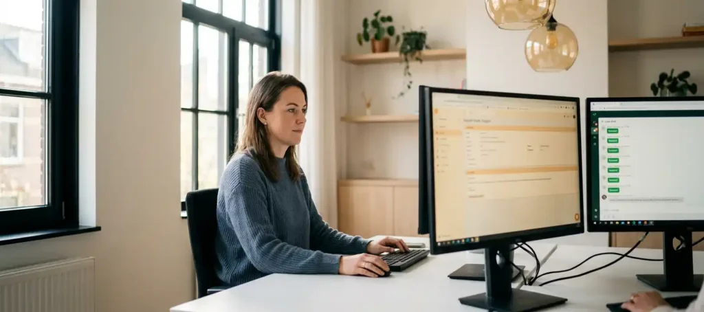 Klantenservicemedewerker lost supportticket op aan modern bureau in licht Nederlands kantoor met grote ramen en warm daglicht.