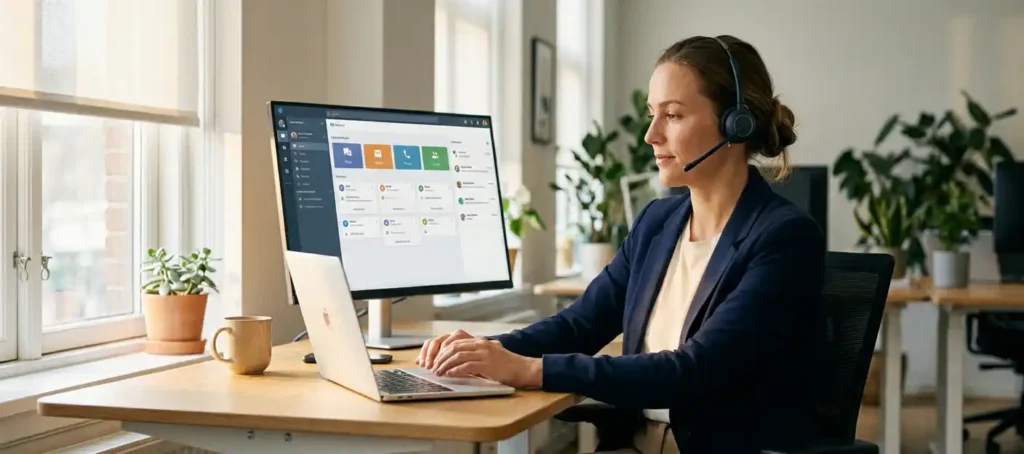 Klantenservicemedewerker met headset en laptop werkt vanuit unified dashboard op tweede scherm in modern kantoor.