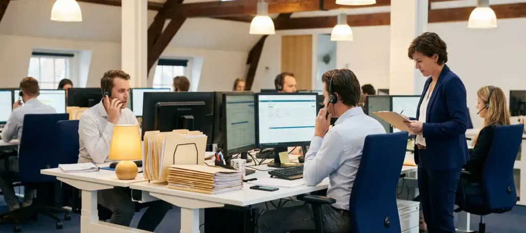 Drie klantenservicemedewerkers met headsets aan drukke werkplekken, teamleider met klembord op de achtergrond, modern open kantoor.