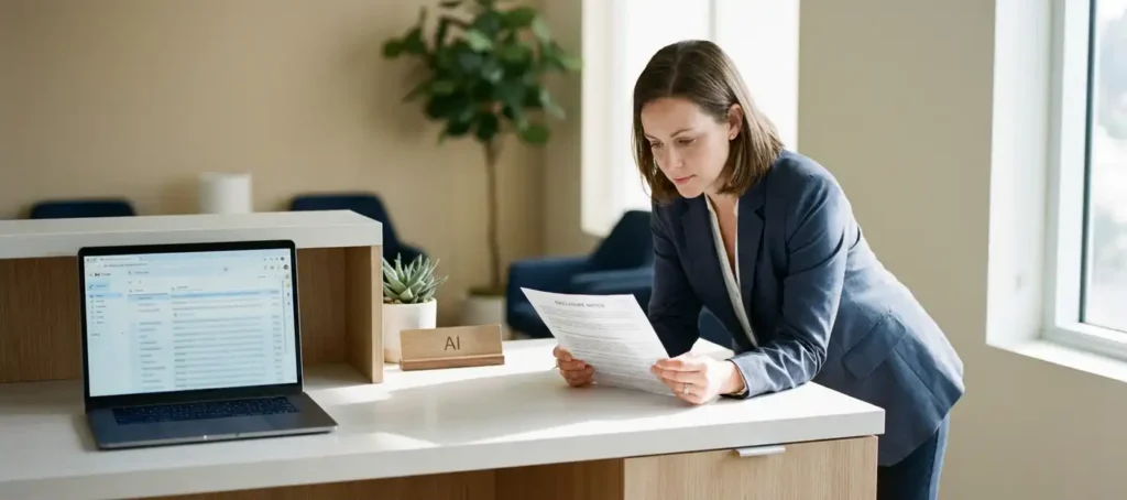 A customer service representative reads a printed AI disclaimer at a modern desk with a laptop and a subtle AI sign, under warm office lighting.
