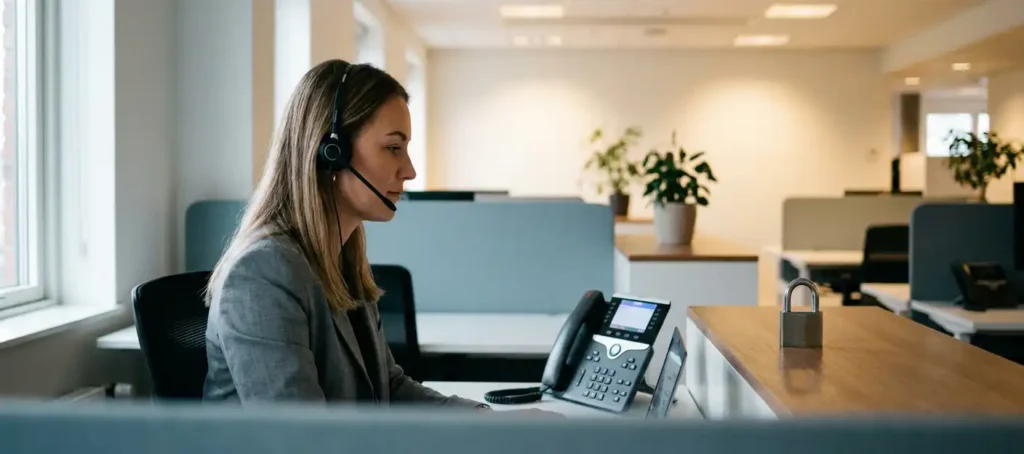 Klantenservicemedewerker met headset aan modern bureau, naast bureautelefoon met fysiek hangslot als symbool van veilige communicatie.