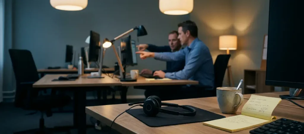 Verlaten bureau van een klantenservicemedewerker met headset, koffiekopje en notitieblok; collega start onboarding op nieuw werkstation op de achtergrond.