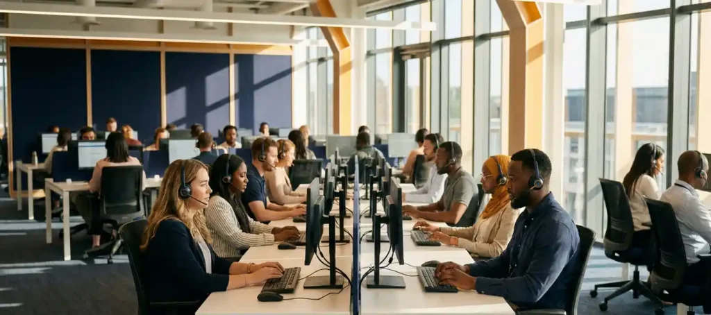 Drukke klantenservicevloer met tientallen agenten met headsets aan witte bureaus in een lichte, open kantooromgeving.