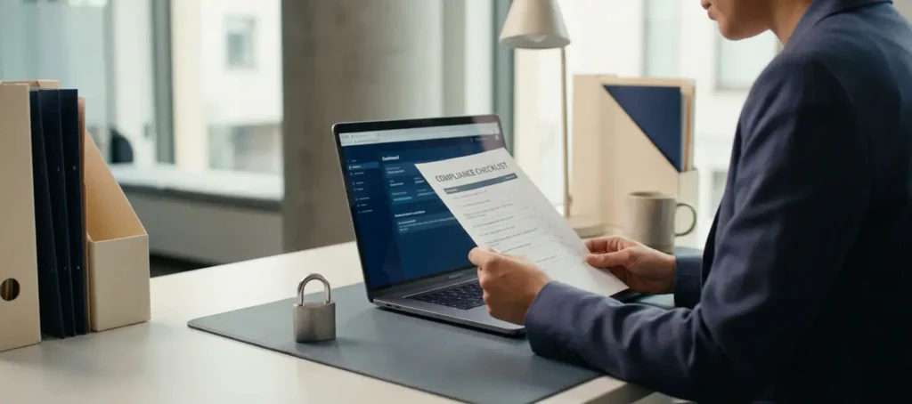 Klantenservicemedewerker bekijkt compliance checklist naast laptop op modern bureau met hangslot, zachte natuurlijke belichting.
