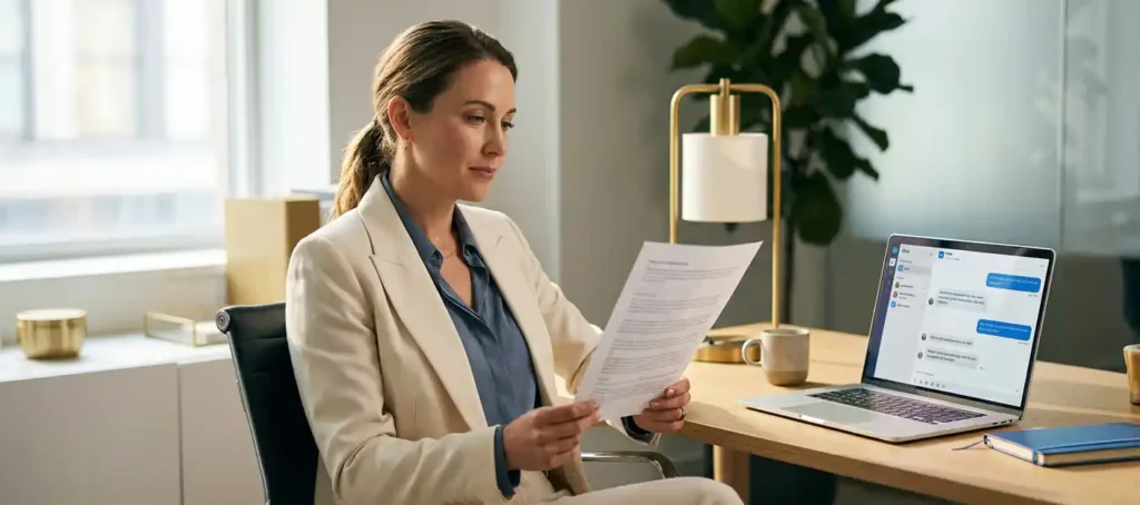 A customer service representative in business attire is reviewing a compliance document at a modern desk with a laptop open.
