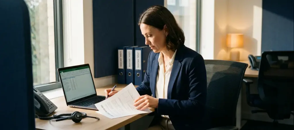 A customer service representative studies a compliance document at a modern desk equipped with a laptop, headset, and legal binders, bathed in warm office lighting.