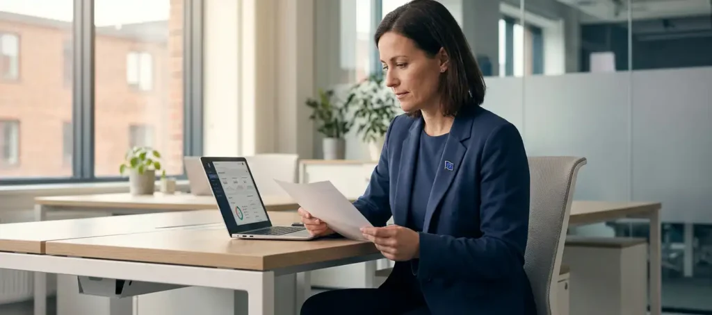 A customer service representative reviews a compliance document at a modern desk with a laptop and an EU pin on their lapel, in an office setting in the Netherlands.
