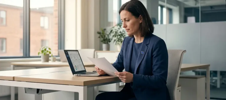 A customer service representative reviews a compliance document at a modern desk with a laptop and an EU pin on their lapel, in an office setting in the Netherlands.