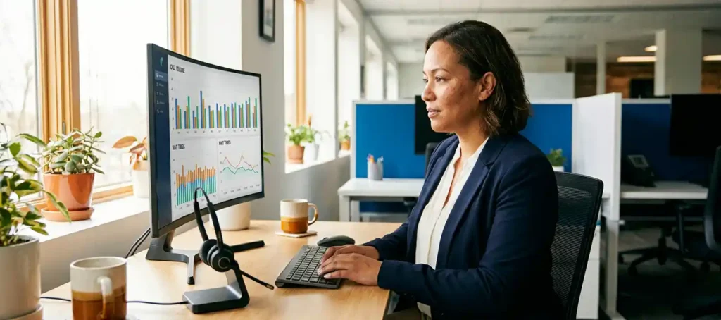 Klantenservicemedewerker bekijkt realtime dashboard met belvolume-grafieken op monitor in modern Nederlands kantoor met headset op bureau.
