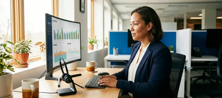 Klantenservicemedewerker bekijkt realtime dashboard met belvolume-grafieken op monitor in modern Nederlands kantoor met headset op bureau.