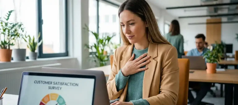 A customer service representative, with a hand on their chest, looks at a satisfaction survey on a laptop; they have an empathetic expression; the setting is a warm, modern office.