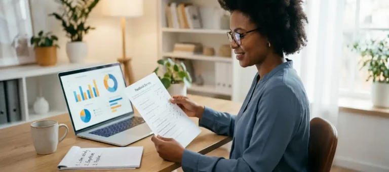 A customer service representative reviews a feedback form at a modern desk, using a laptop to view satisfaction charts and a notepad.