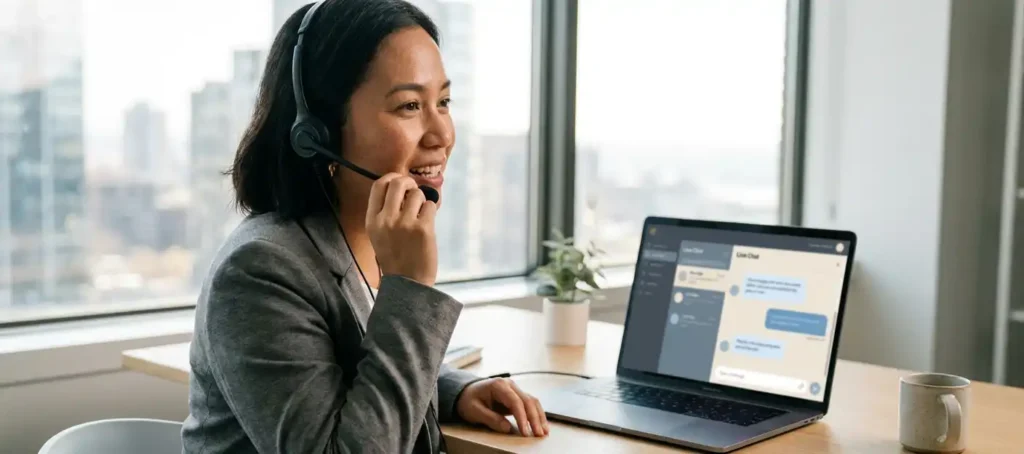 Klantenservicemedewerker met headset aan modern bureau, laptop met live chat-dashboard open, helder kantoorlicht op de achtergrond.