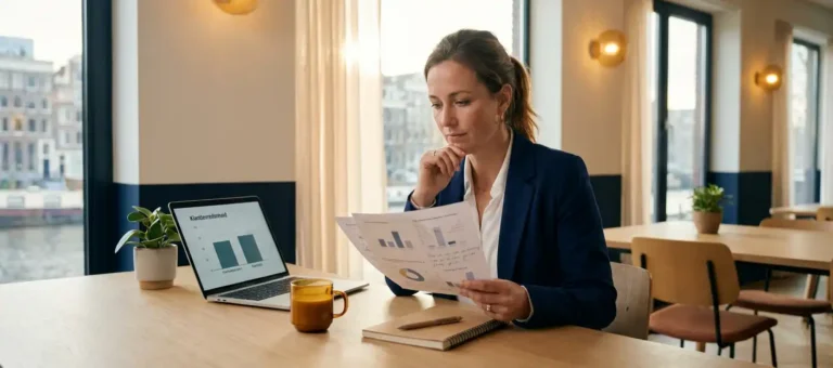 A customer service manager reviews a feedback report at a modern desk with a laptop, notebook, and coffee in a bright Dutch office.