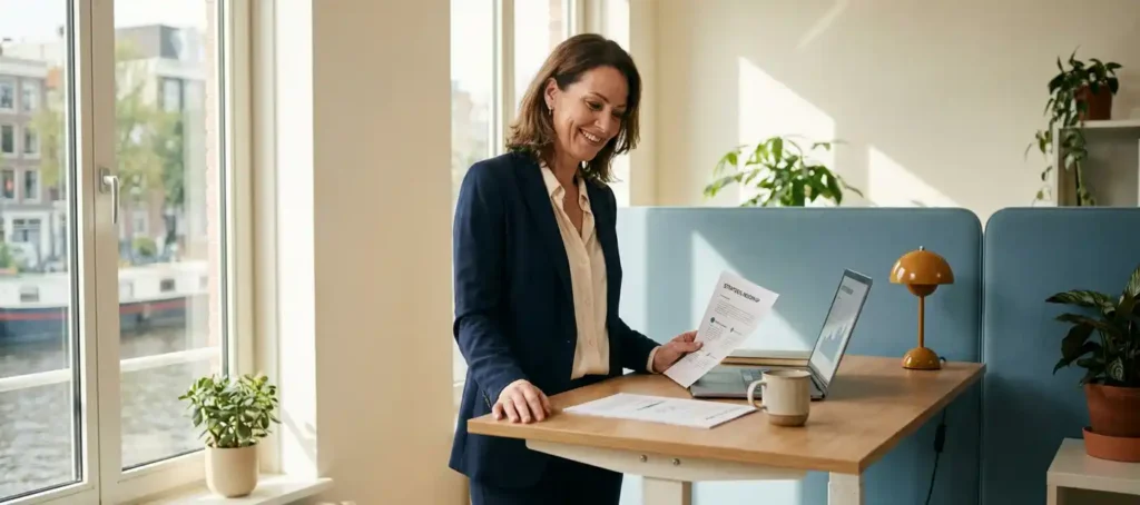 Klantenservicemanager bij staand bureau in Nederlands kantoor, bekijkt strategische routekaart naast laptop in natuurlijk zijlicht.