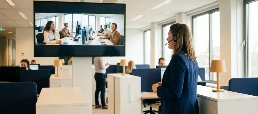 Klantenservicemanager voert videogesprek met twee vestigingsteams op groot wandscherm in modern open kantoor met daglicht.