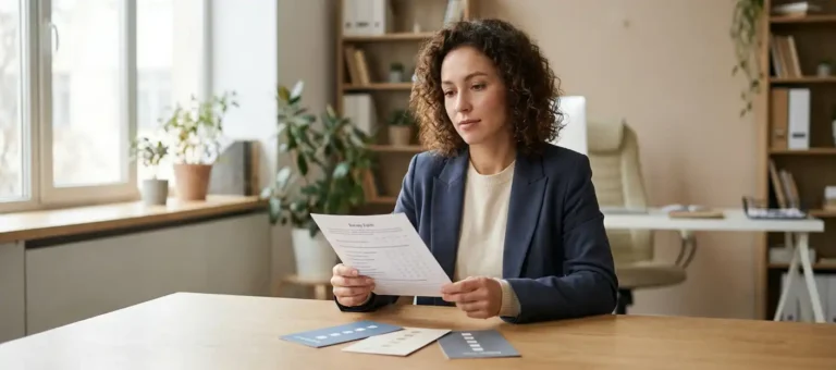 A customer service representative at a modern desk is looking at a printed feedback form with three evaluation cards spread out on the table.