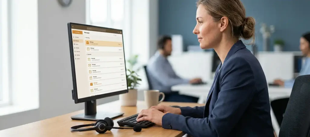 Klantenservicemedewerker beoordeelt berichtenwachtrij op monitor aan modern bureau met headset en toetsenbord in zakelijk kantoor.