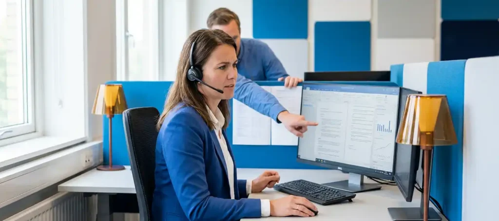 Klantenservicemedewerker achter dubbele monitors met complexe dossiers, collega op de achtergrond, modern kantoor met natuurlijk raamlicht.