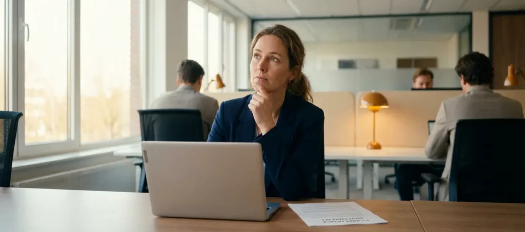 A customer service representative takes a break, deep in thought, sitting at a laptop next to a printed compliance document in a modern, open-concept office with natural light.