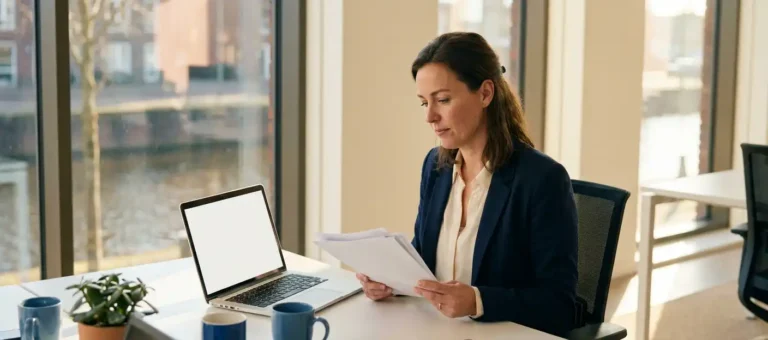 A customer service representative in business attire reviews compliance documents next to a laptop in a modern Dutch office with natural light.