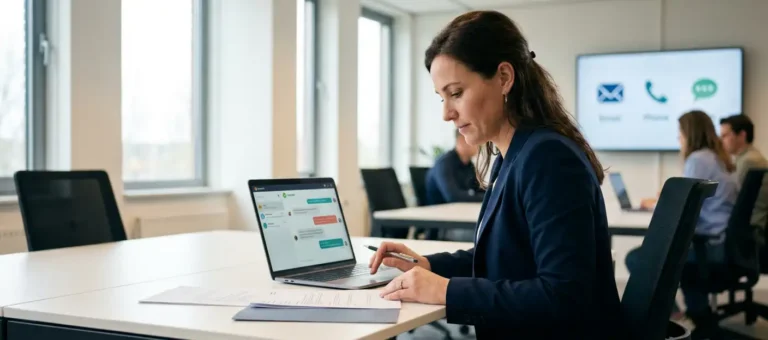 A customer service representative reviews compliance documents next to a laptop displaying a live chat dashboard in a modern Dutch office.