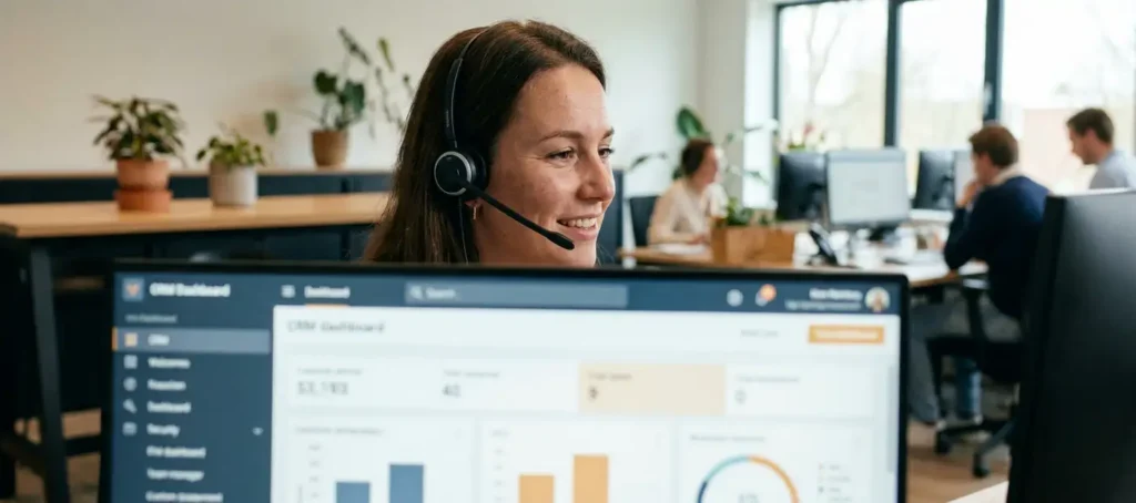 Klantenservicemedewerker met headset belt vanuit modern Nederlands kantoor, CRM-dashboard zichtbaar op monitor op de voorgrond.