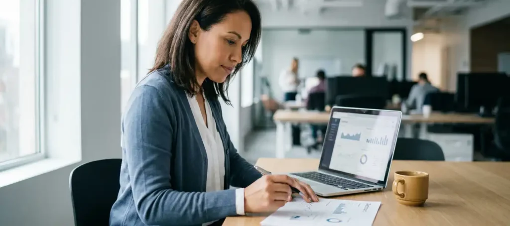 Klantenservicemedewerker bekijkt gedrukt prestatiedashboard aan bureau met laptop met belstatistieken in modern kantoor.