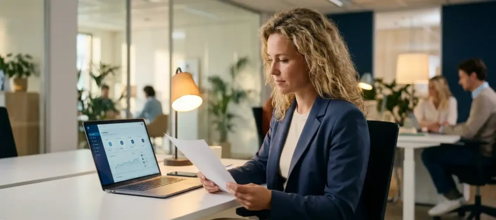A customer service representative reviews a disclosure document at a modern desk with a laptop, in an office setting featuring navy blue and warm white.