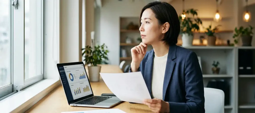 A customer service representative is carefully reviewing a document at a modern desk with a laptop, in an office bathed in warm natural light.