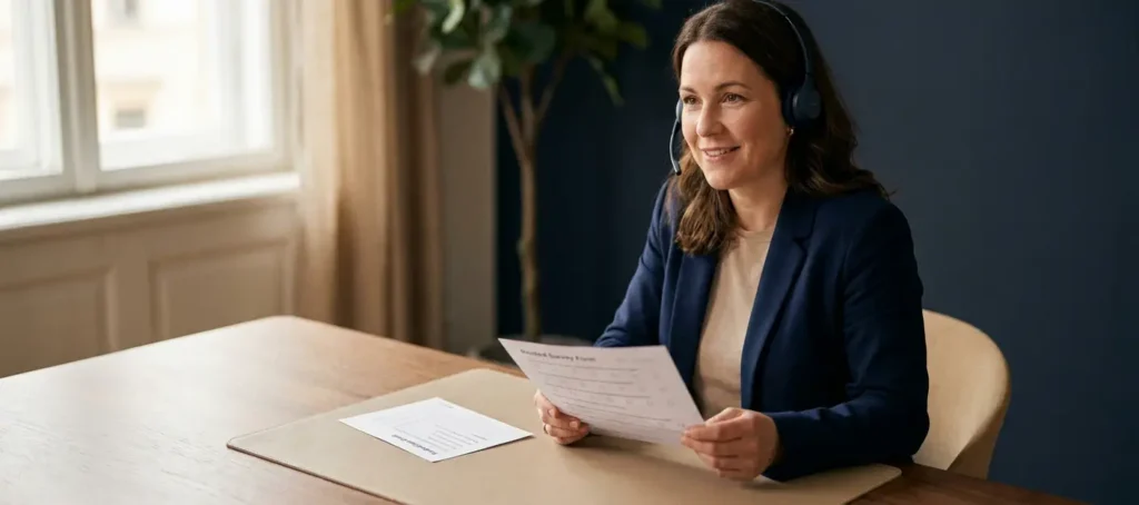 A customer service representative wearing a headset reviews a completed survey form at a modern desk bathed in warm natural light.