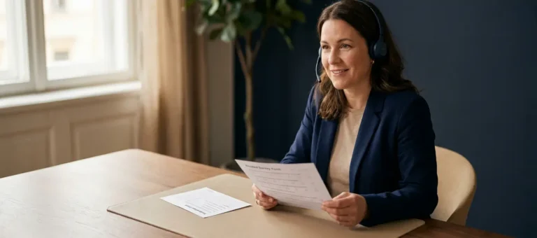 A customer service representative wearing a headset reviews a completed survey form at a modern desk bathed in warm natural light.