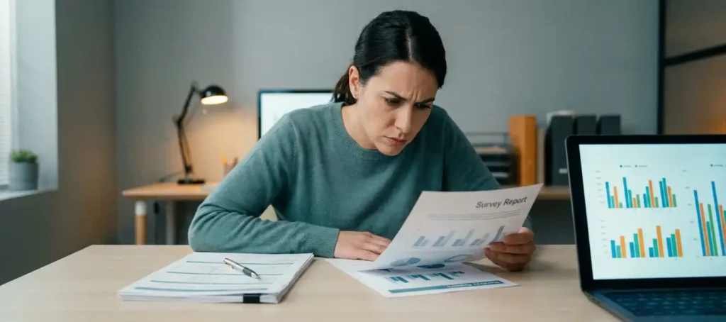 A customer service representative frowns as he studies a survey report at a modern desk, with a laptop displaying bar charts in the background.