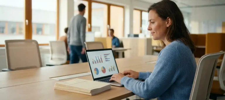 A customer service representative reviews survey results on a laptop containing feedback forms at a modern desk in an open-plan office.