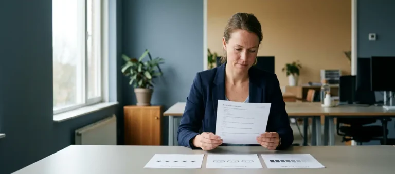 A customer service representative at a modern office compares three paper feedback forms with rating scales in a Dutch office.