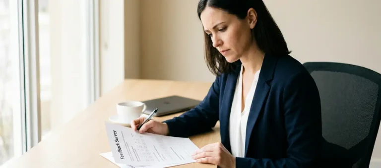 A customer service representative at a modern desk reviews a feedback form with a pen, surrounded by warm, neutral tones and natural side lighting.