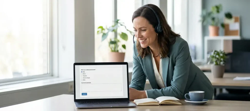 A customer service representative wearing a headset looks at a feedback form on a laptop at a tidy, modern desk with coffee and a notebook.