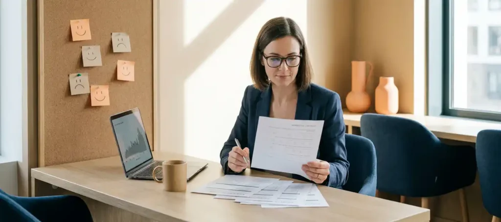 A customer service representative looks at printed survey forms next to a laptop, with sticky notes featuring smiley faces, in a modern office.