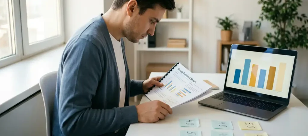 A customer service representative reviews a feedback report at a modern desk, using a laptop to view bar charts and notes containing satisfaction scores.