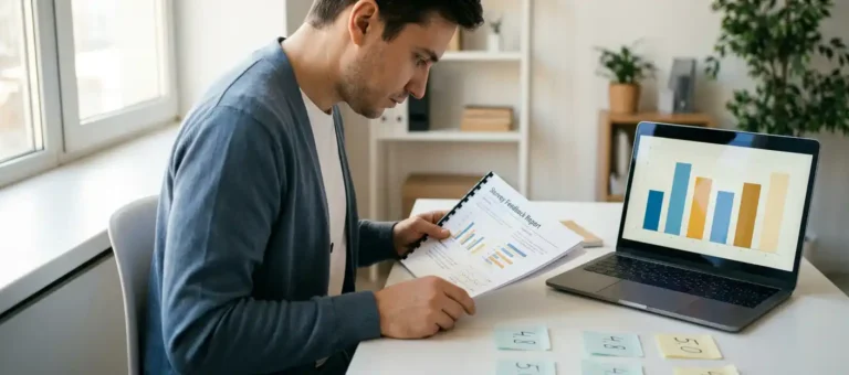 A customer service representative reviews a feedback report at a modern desk, using a laptop to view bar charts and notes containing satisfaction scores.