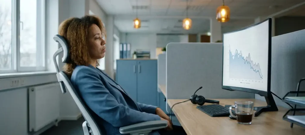 A frustrated customer service representative sitting at a desk with a downward-sloping graph on the monitor and a headset next to the keyboard.