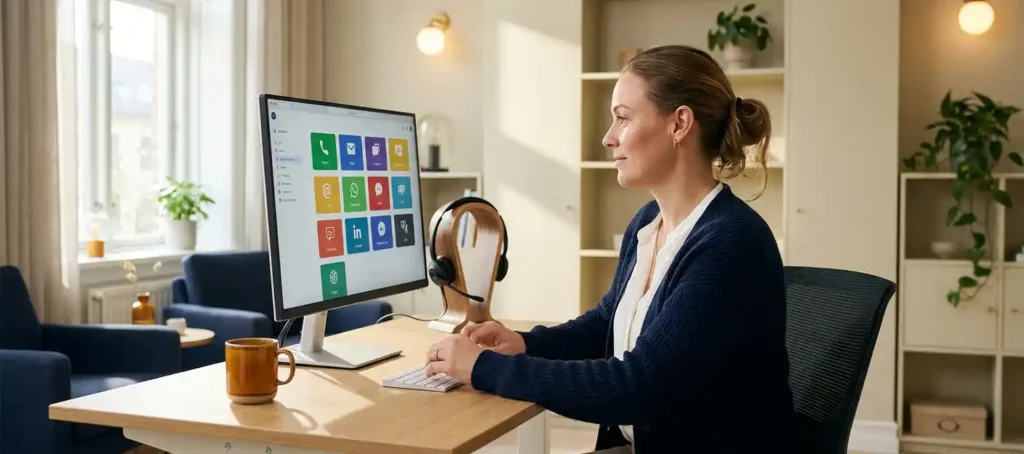 Klantenservicemedewerker bekijkt georganiseerde berichtenrij op groot scherm, headset op bureau, warm modern kantoor met natuurlijk licht.