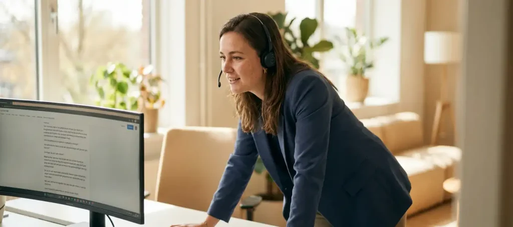Klantenservicemedewerker met headset bekijkt gesprekstranscript op monitor aan modern bureau in warm kantoor.