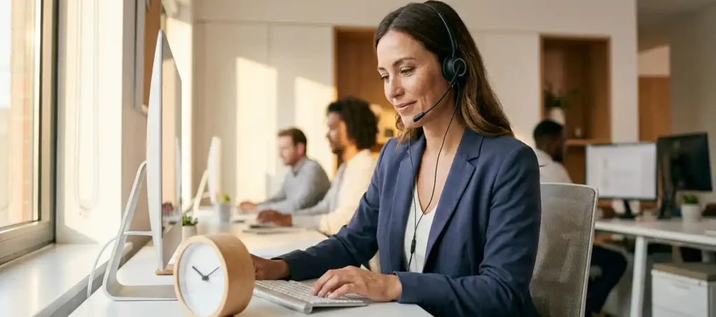 Klantenservicemedewerker met headset kijkt op bureauklok tijdens het typen, modern contactcenter op de achtergrond.