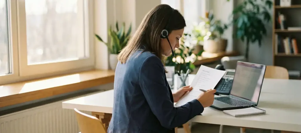 Klantenservicemedewerker met headset controleert testchecklist naast laptop op modern bureau in warm kantoorlicht.