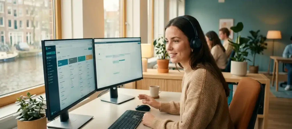 A customer service representative wearing a headset smiles behind a dual-monitor workstation with a customer dashboard in a modern Dutch office.