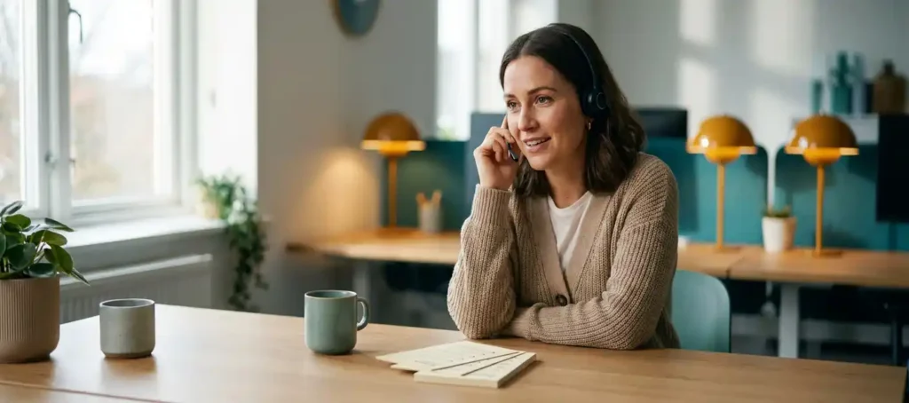 A customer service representative wearing a headset listens attentively at a modern desk with feedback forms and a coffee mug in a cozy office.