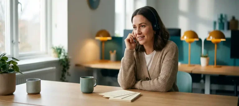 A customer service representative wearing a headset listens attentively at a modern desk with feedback forms and a coffee mug in a cozy office.