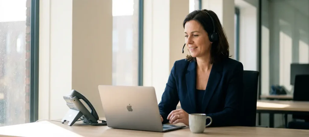 Klantenservicemedewerker met headset aan modern bureau in Nederlands kantoor, laptop en telefoon zichtbaar, warm natuurlijk licht.