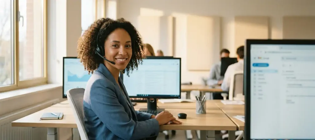 Klantenservicemedewerker met headset glimlacht aan modern bureau in open kantoor met warm natuurlijk licht.